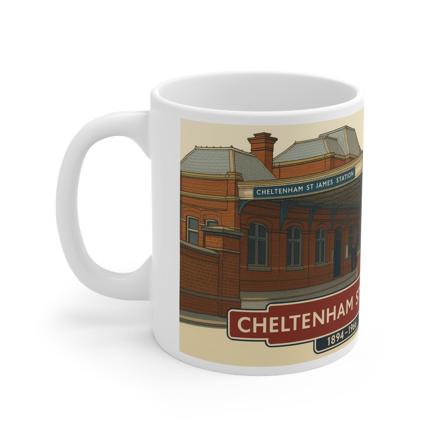 Cheltenham St James Station Ceramic Mug — Vintage Railway Illustration, 11oz