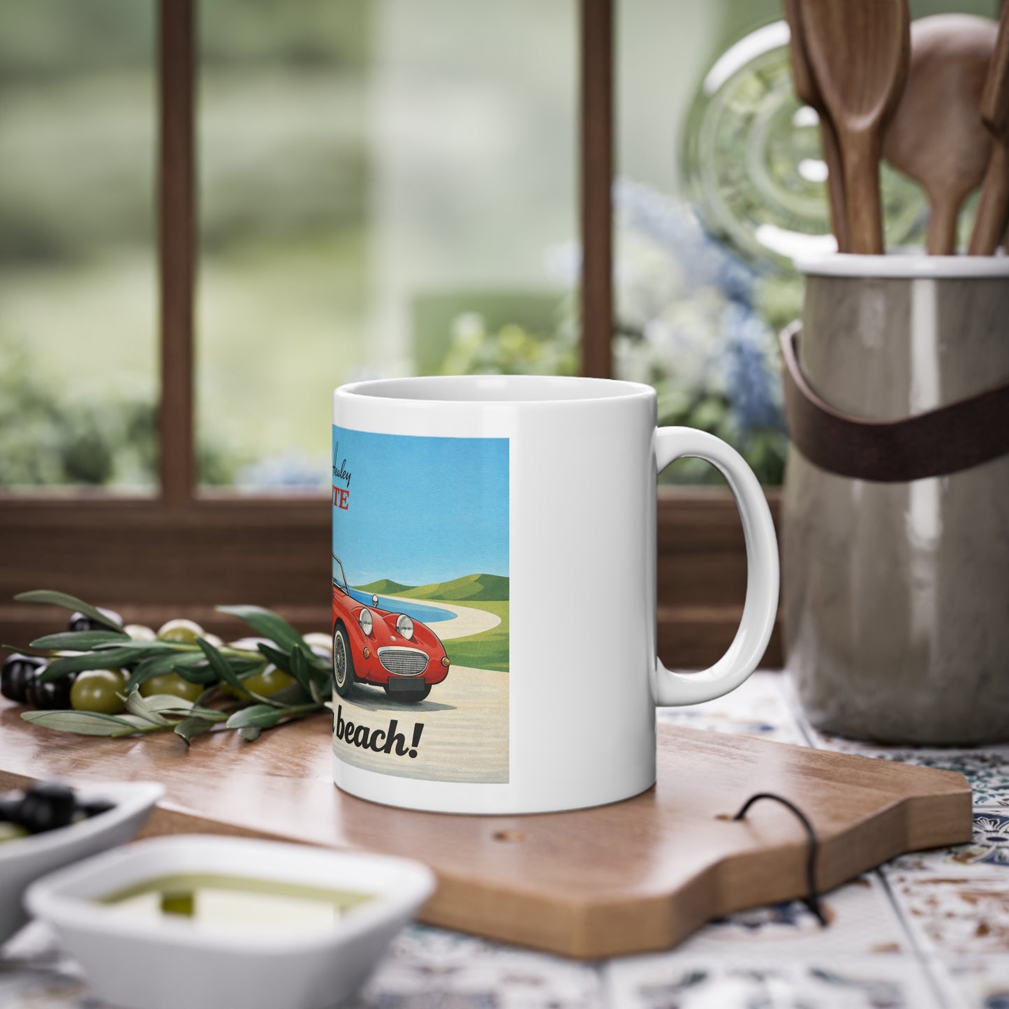 Austin-Healey Frogeye Sprite Mug — "Life's a Beach!" | Mk1 Bugeye Classic Car Gift