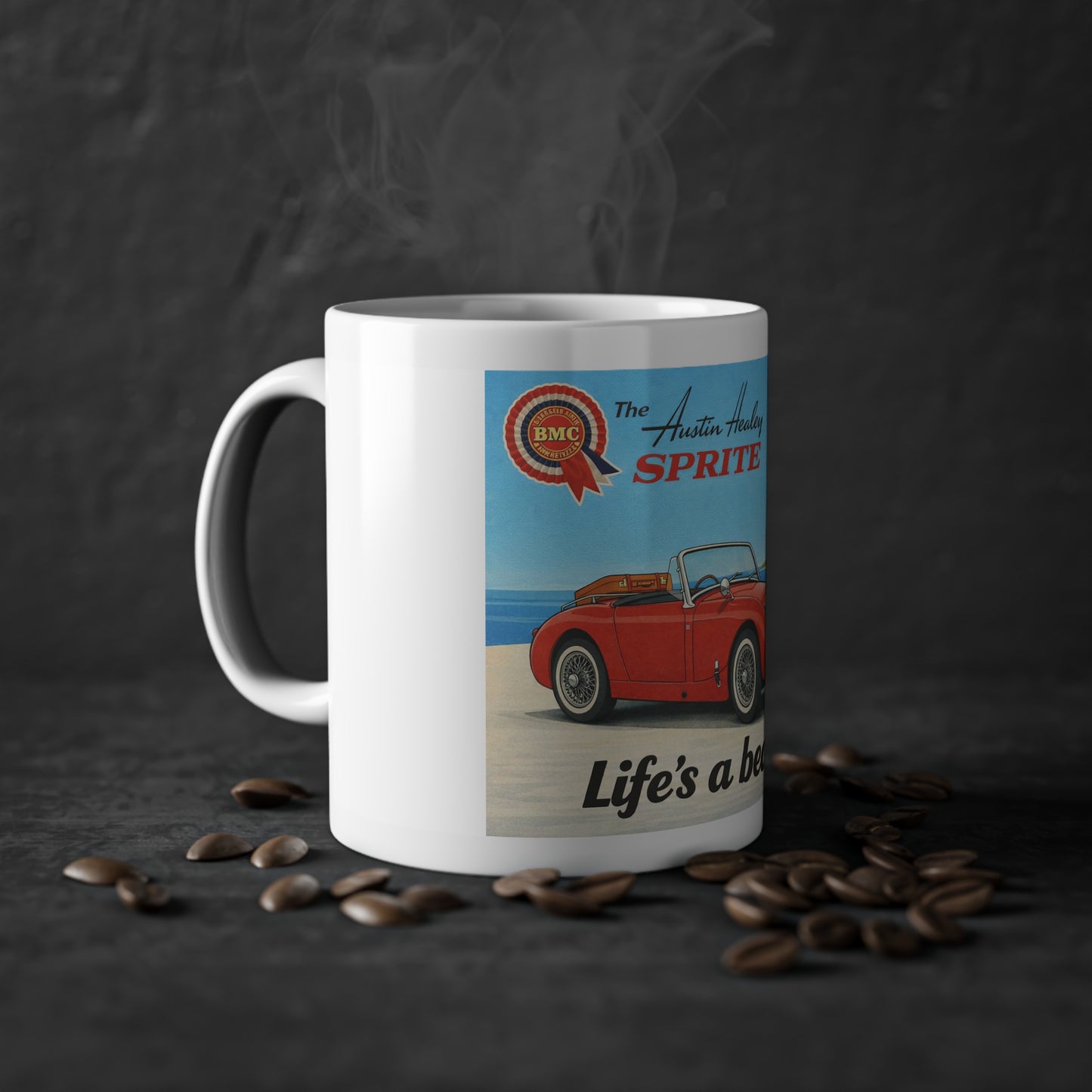 Austin-Healey Frogeye Sprite Mug — "Life's a Beach!" | Mk1 Bugeye Classic Car Gift