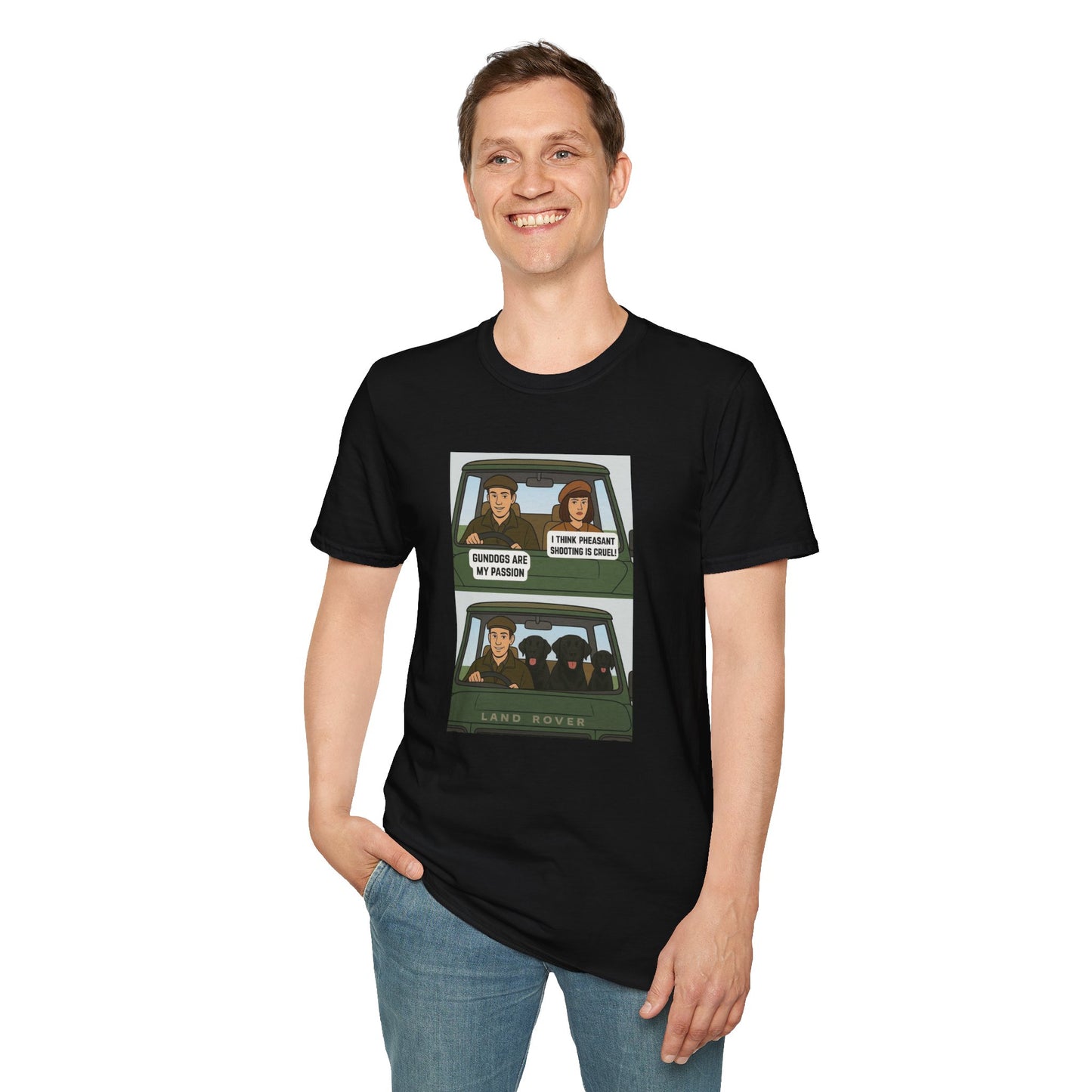 Retro Comic Land Rover T-Shirt — Funny "Gundogs are my passion " Graphic Tee