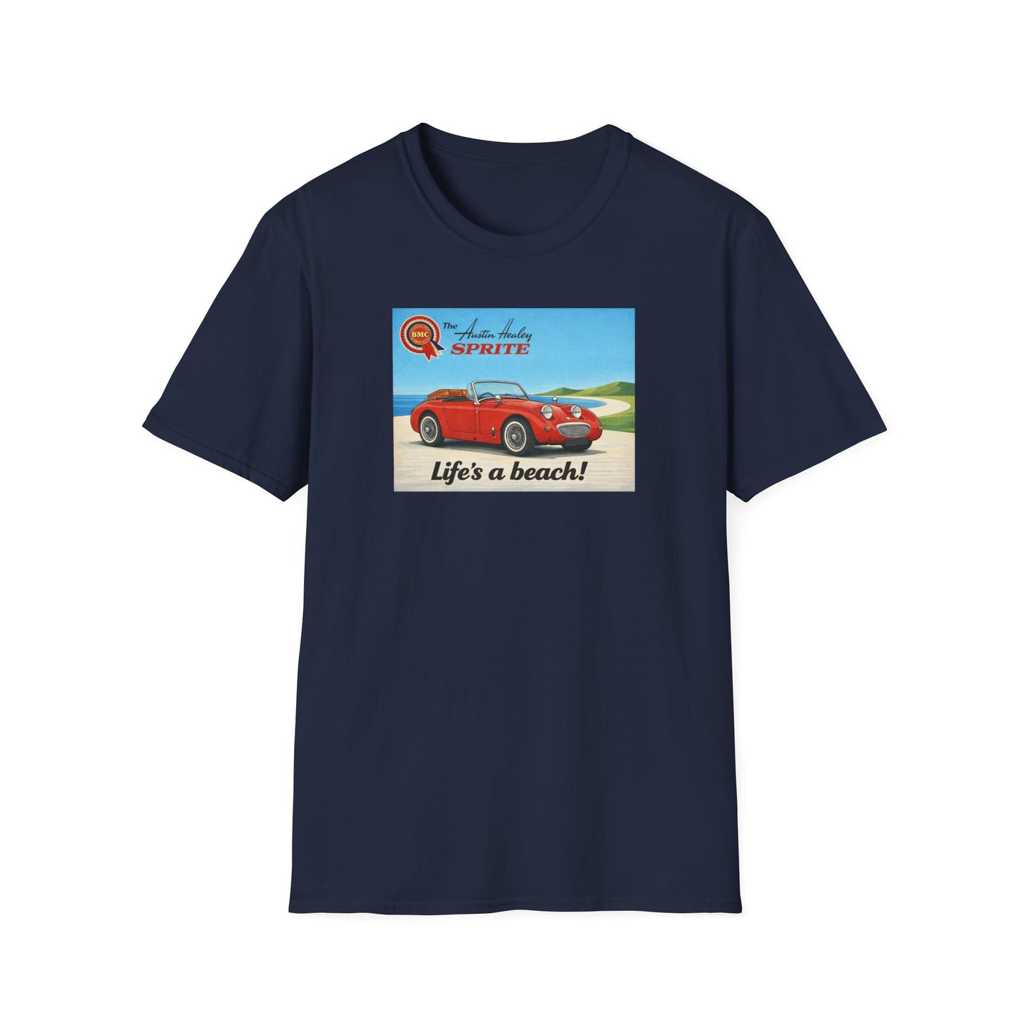 Austin-Healey Frogeye Sprite T-Shirt — "Life's a Beach!" | Mk1 Bugeye Classic Car Gift