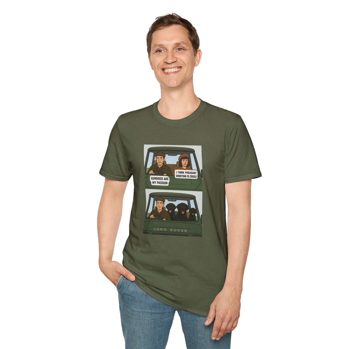 Retro Comic Land Rover T-Shirt — Funny "Gundogs are my passion " Graphic Tee
