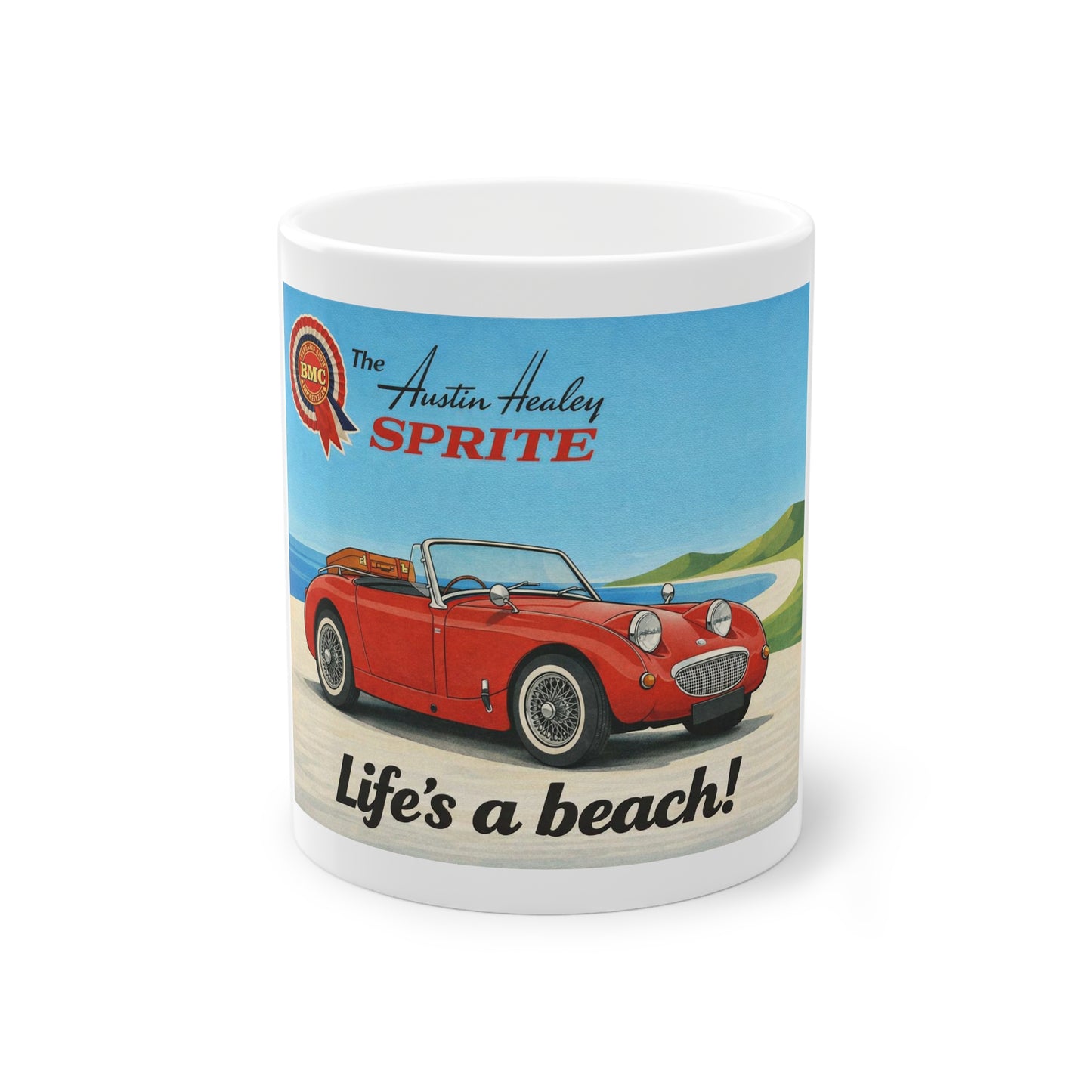 Austin-Healey Frogeye Sprite Mug — "Life's a Beach!" | Mk1 Bugeye Classic Car Gift