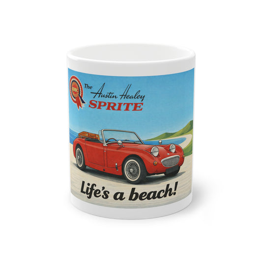 Austin-Healey Frogeye Sprite Mug — "Life's a Beach!" | Mk1 Bugeye Classic Car Gift