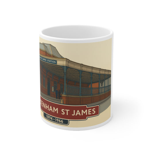 Cheltenham St James Station Ceramic Mug — Vintage Railway Illustration, 11oz