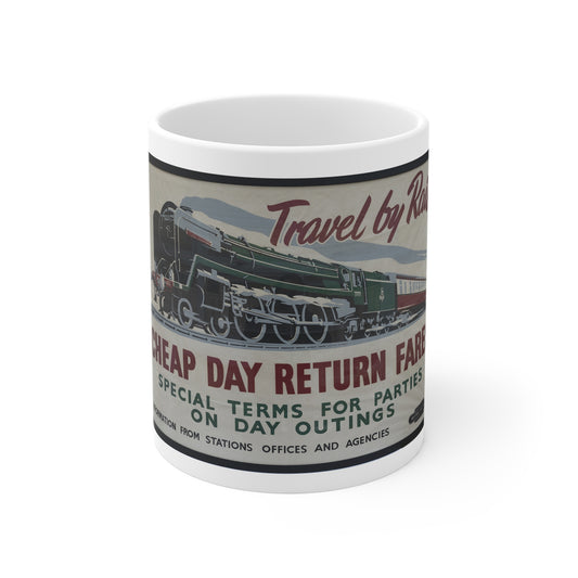 Vintage Railway Poster Mug — “Cheap Day Return Fares” Train Travel Coffee Cup