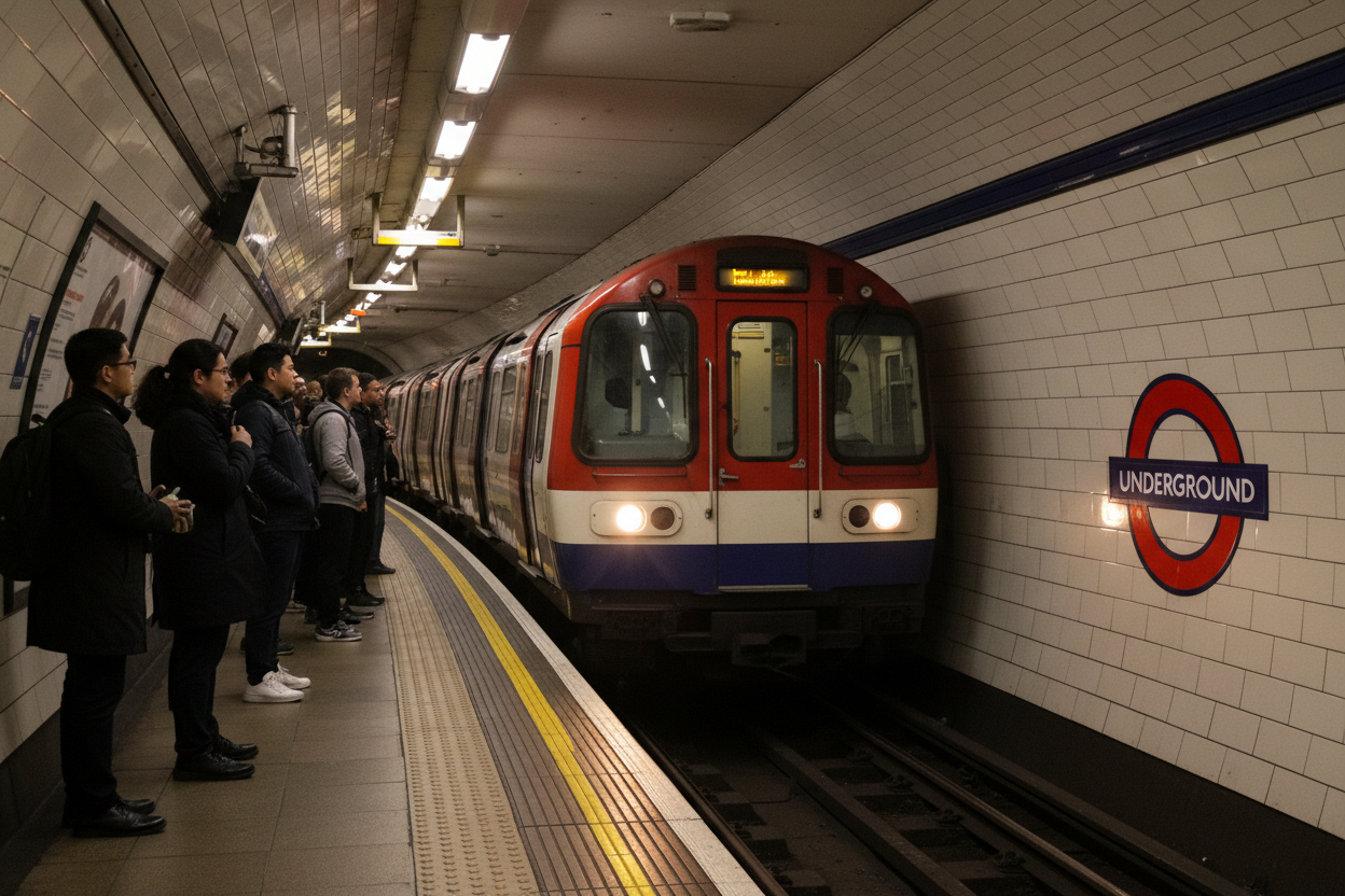 A London underground train entering a station 